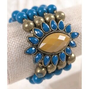 Boho Statement Stretch Bracelet Blue Beads Gold Tone Mustard Center Medallion...
